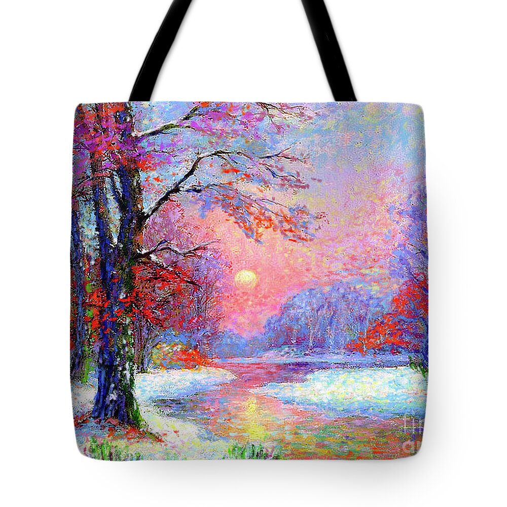 Tree Tote Bag featuring the painting Winter Nightfall, Snow Scene by Jane Small