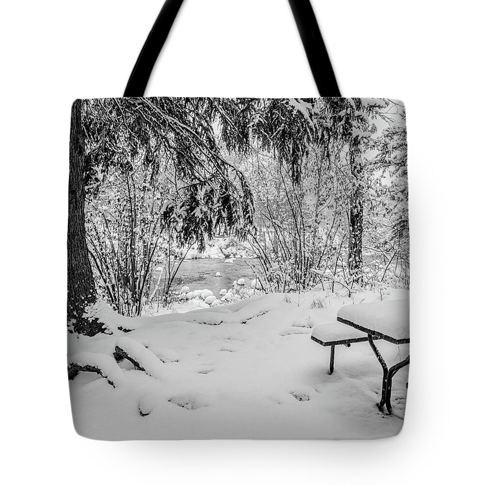 Bench Tote Bag featuring the photograph Winter Picnic, Snow blankets a picnic table on the bank of the Big Thompson River, in Estes Park, Co by Tom Potter