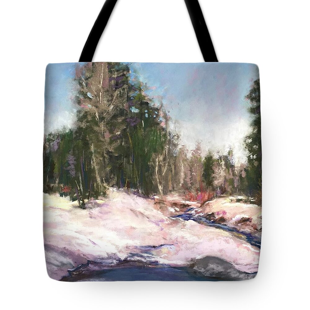 Snowy Scene Tote Bag featuring the pastel Winter Reverie by Sandra Lee Scott