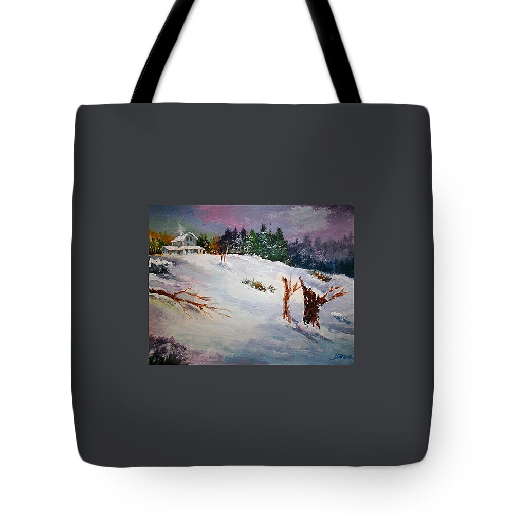 Snow Scene Tote Bag featuring the painting Winter solitude 2 by Al Brown