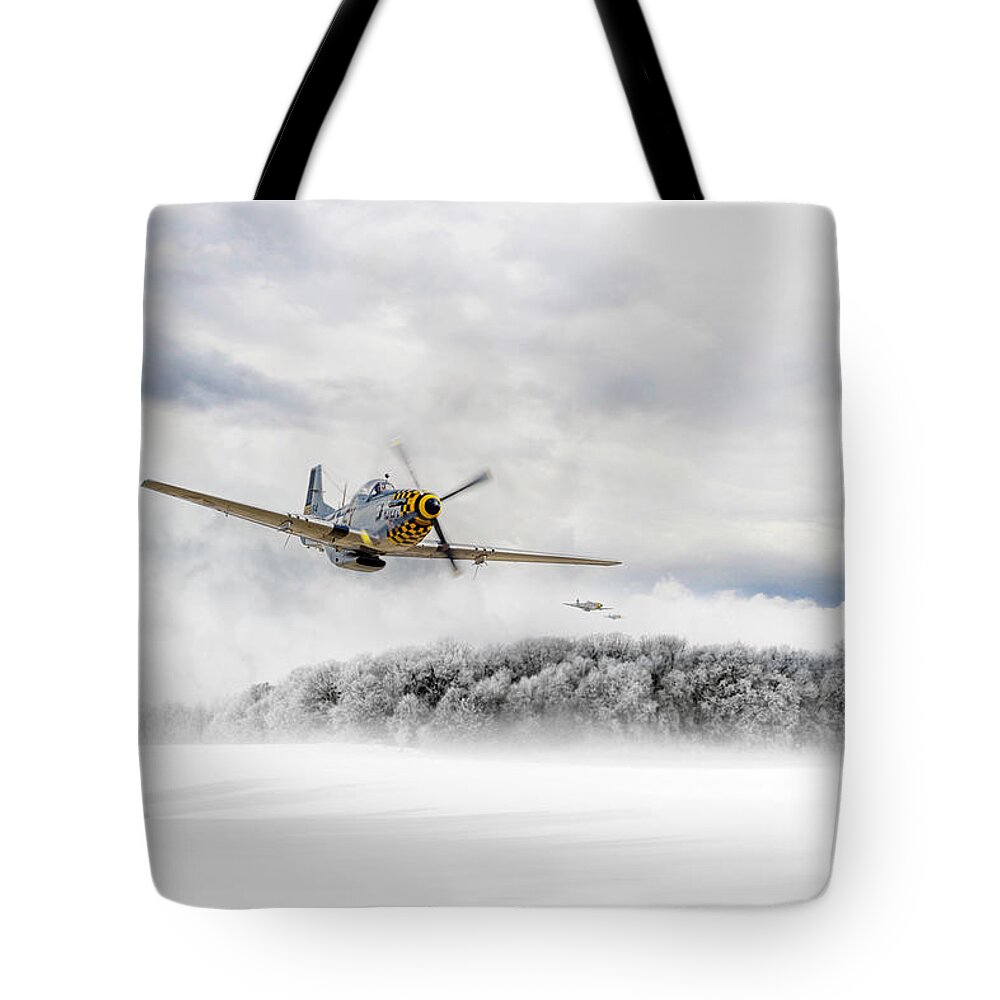P-51 Mustang Tote Bag featuring the digital art Winter Stallions by Airpower Art