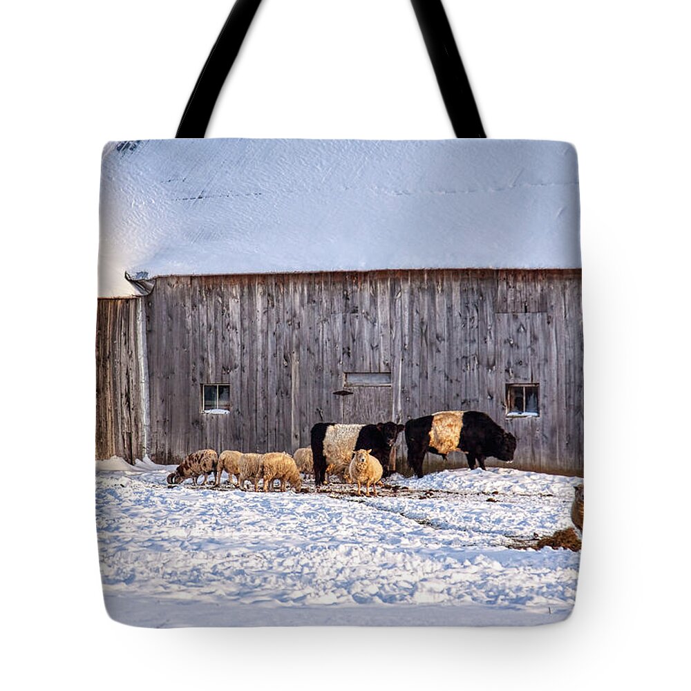 Winter Tote Bag featuring the photograph Winter sunny day at the farm by Tatiana Travelways