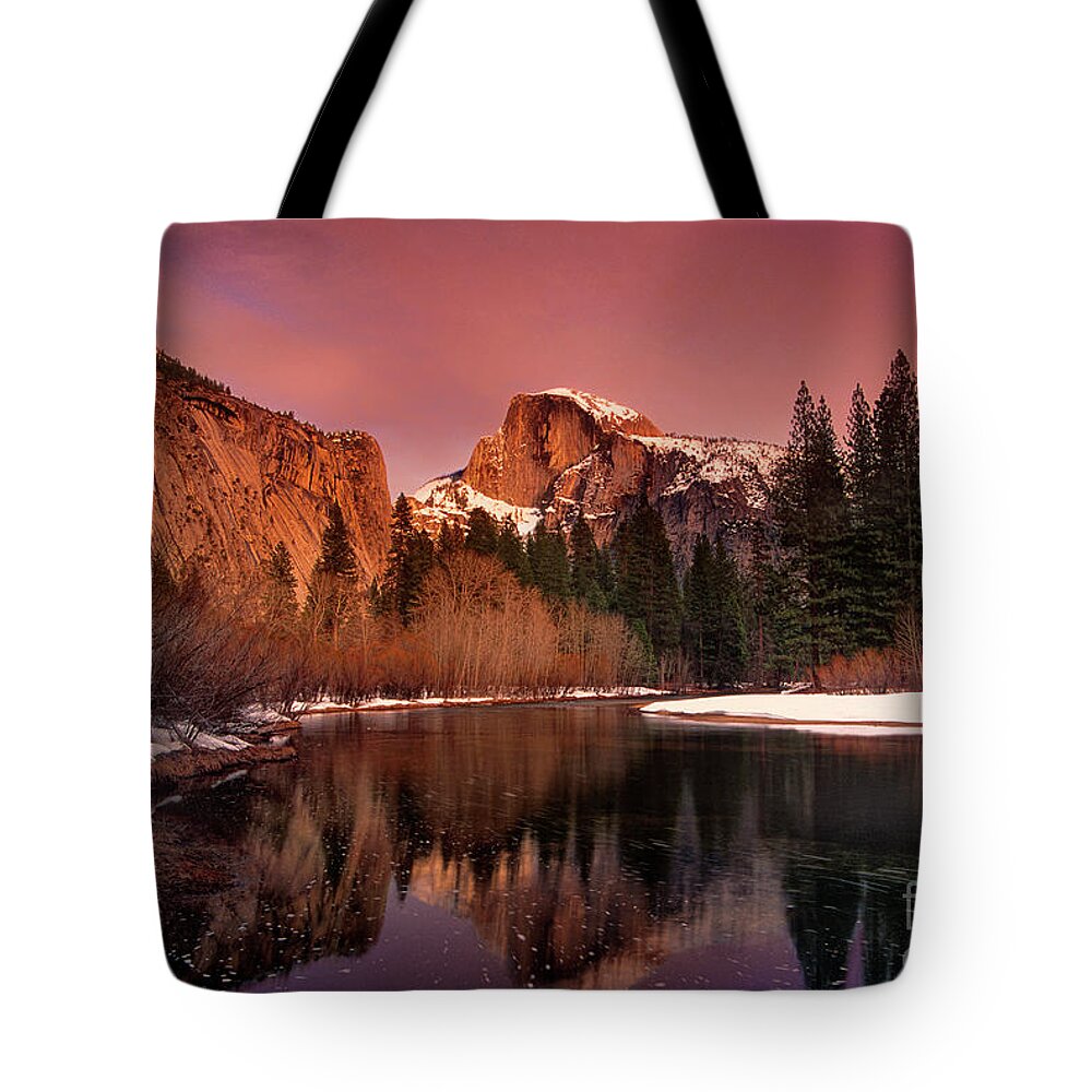 North America Tote Bag featuring the photograph Winter Sunset Lights Up Half Dome Yosemite National Park by Dave Welling