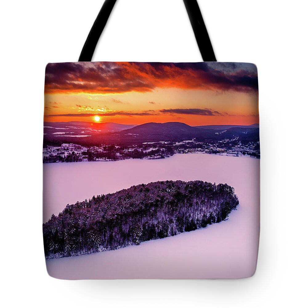 Brighton Tote Bag featuring the photograph Winter Sunset on Island Pond, Vermont by John Rowe