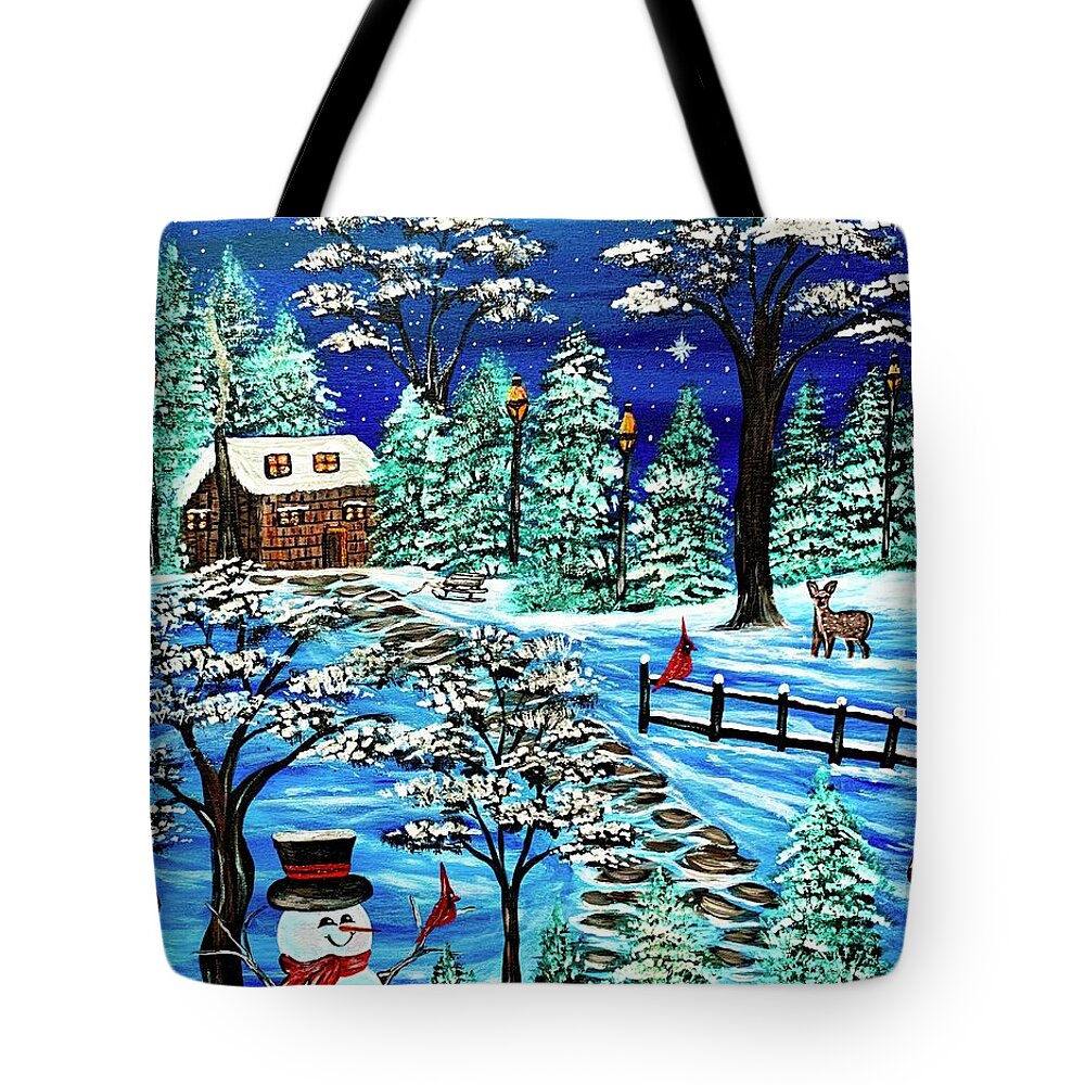 Original Painting Tote Bag featuring the painting Winter wonderland by Gina Nicolae Johnson