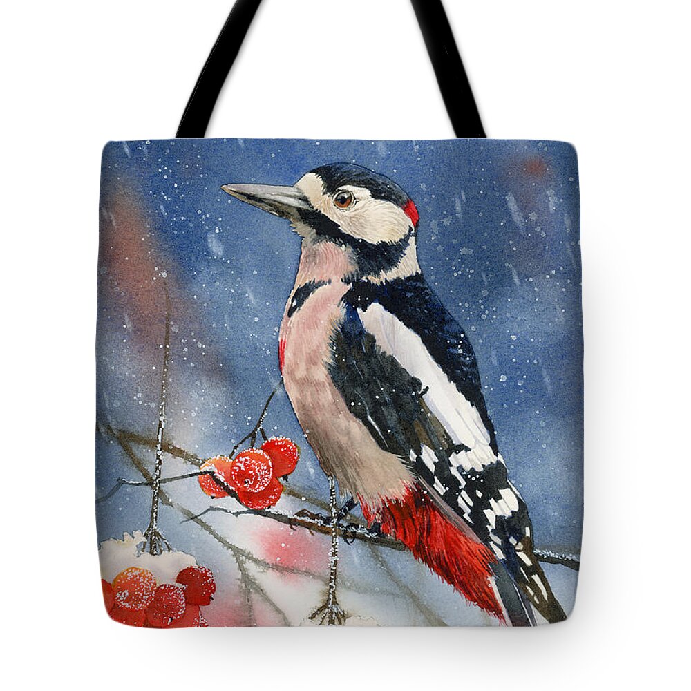 Bird Tote Bag featuring the painting Winter Woodpecker by Espero Art