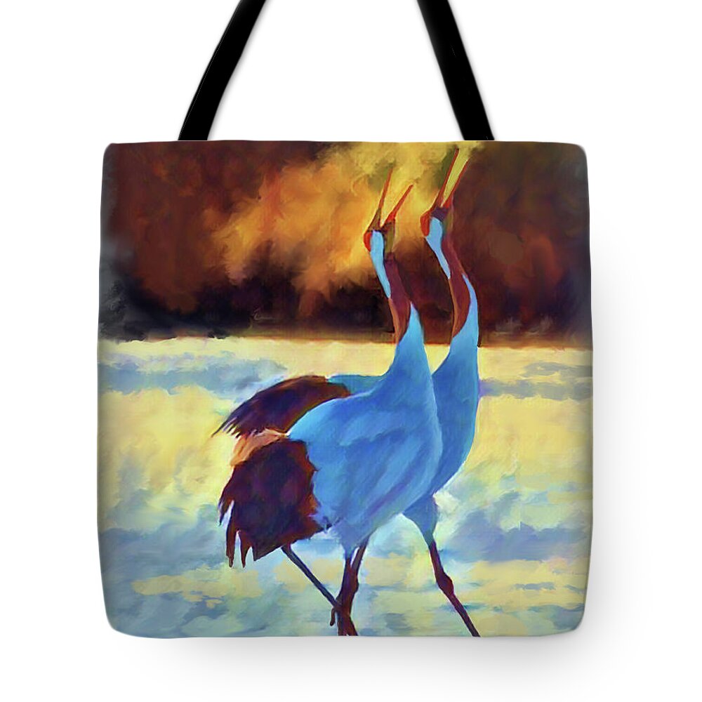 Cranes Tote Bag featuring the painting Winters Breath by Joel Smith
