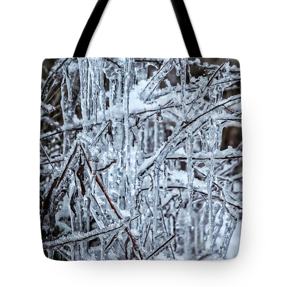 Ice Tote Bag featuring the photograph Winter's Ice Chandelier by Scott Burd