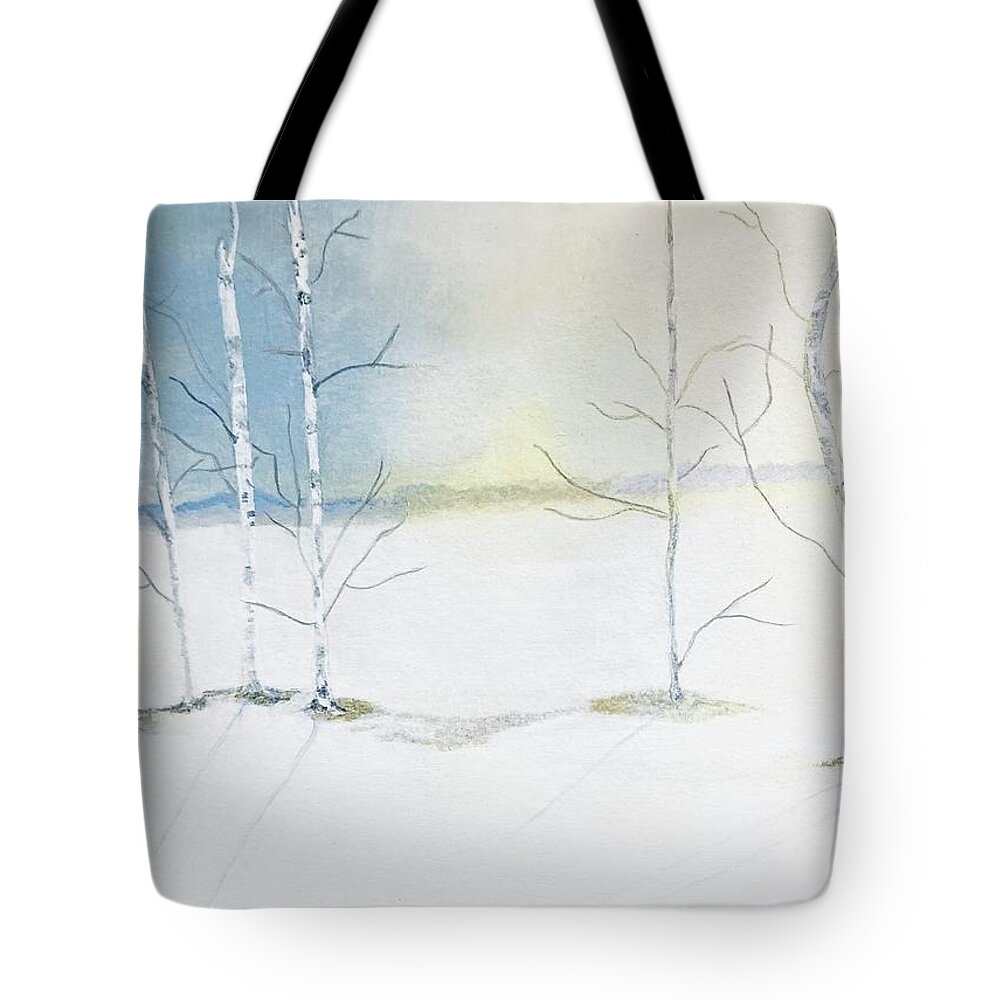 Landscape Tote Bag featuring the painting Wintry Birch Tree Scenery by Joanne ONeill