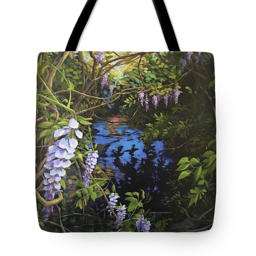 Wisteria Tote Bag featuring the painting Wisteria Creek by Don Morgan