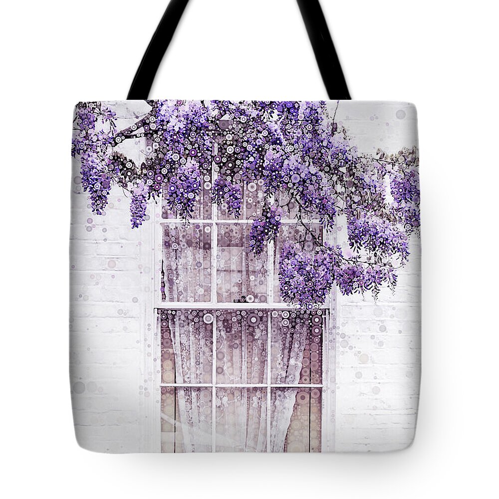 Wisteria Window Tote Bag featuring the mixed media Wisteria Window by Susan Maxwell Schmidt