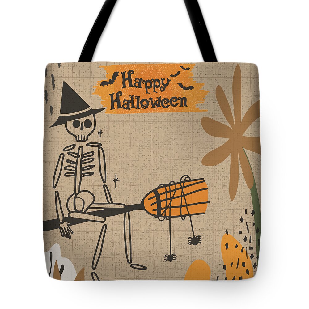 Witch Doodle Hand Drawn Halloween Skeleton, Aesthetic Flower Background  Grid Pattern Design Space Tote Bag