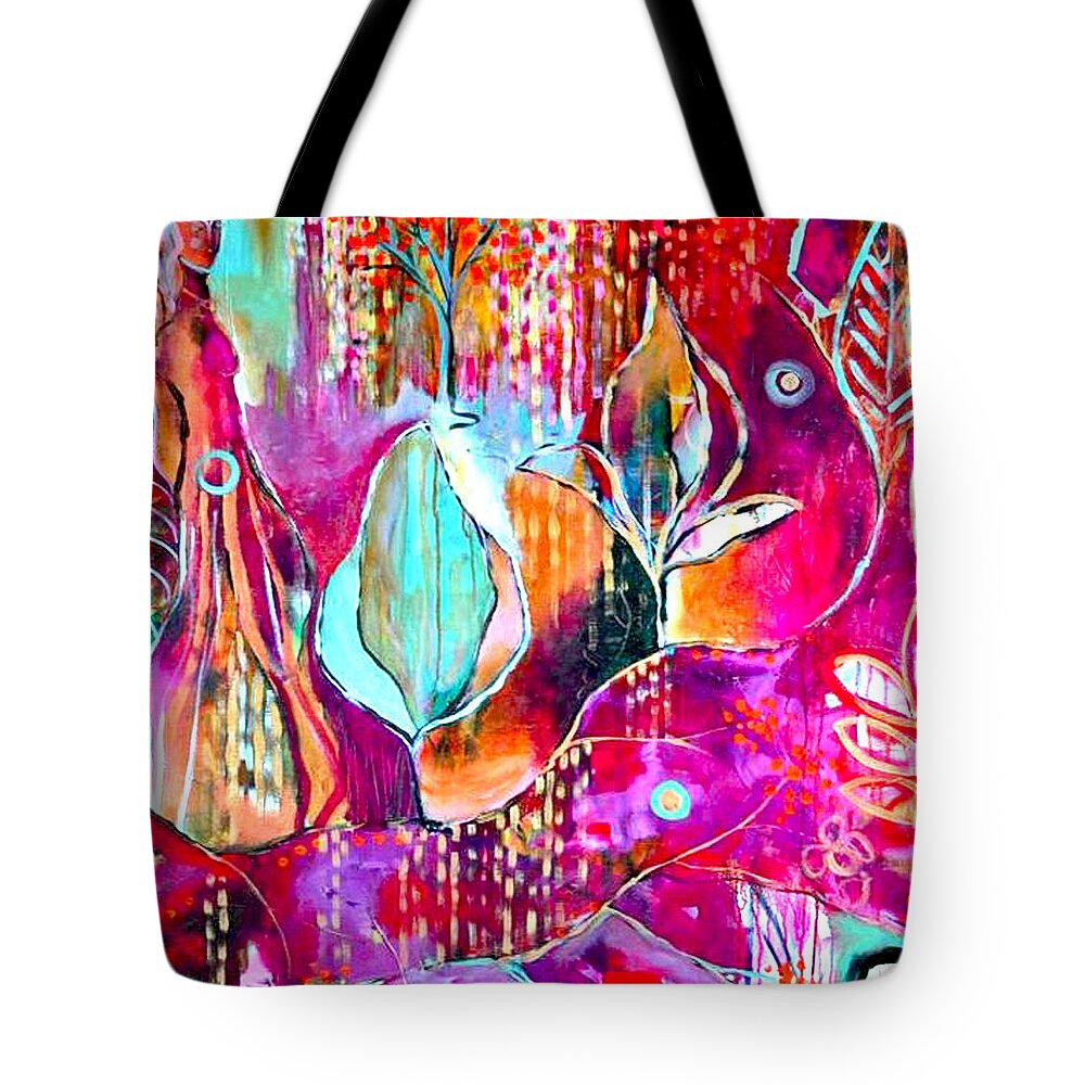 Pink Red Blue Bees Abstract Contemporary Flowers Plants Color Landscape Woman Female Artist Woman Bright Tote Bag featuring the painting Witchy Woman Pink and TEAL Power to rifle by Kasey Jones