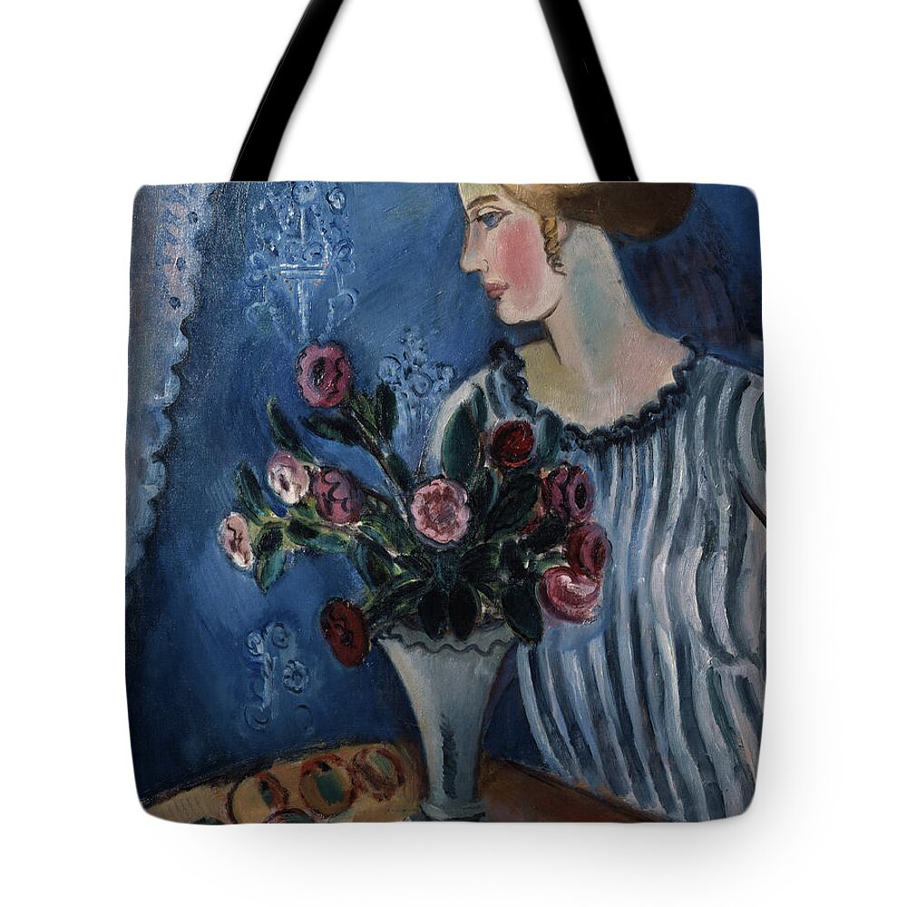 Gosta Sandels Tote Bag featuring the painting Woman and nature morte, 1918 by O Vaering by Gosta Sandels
