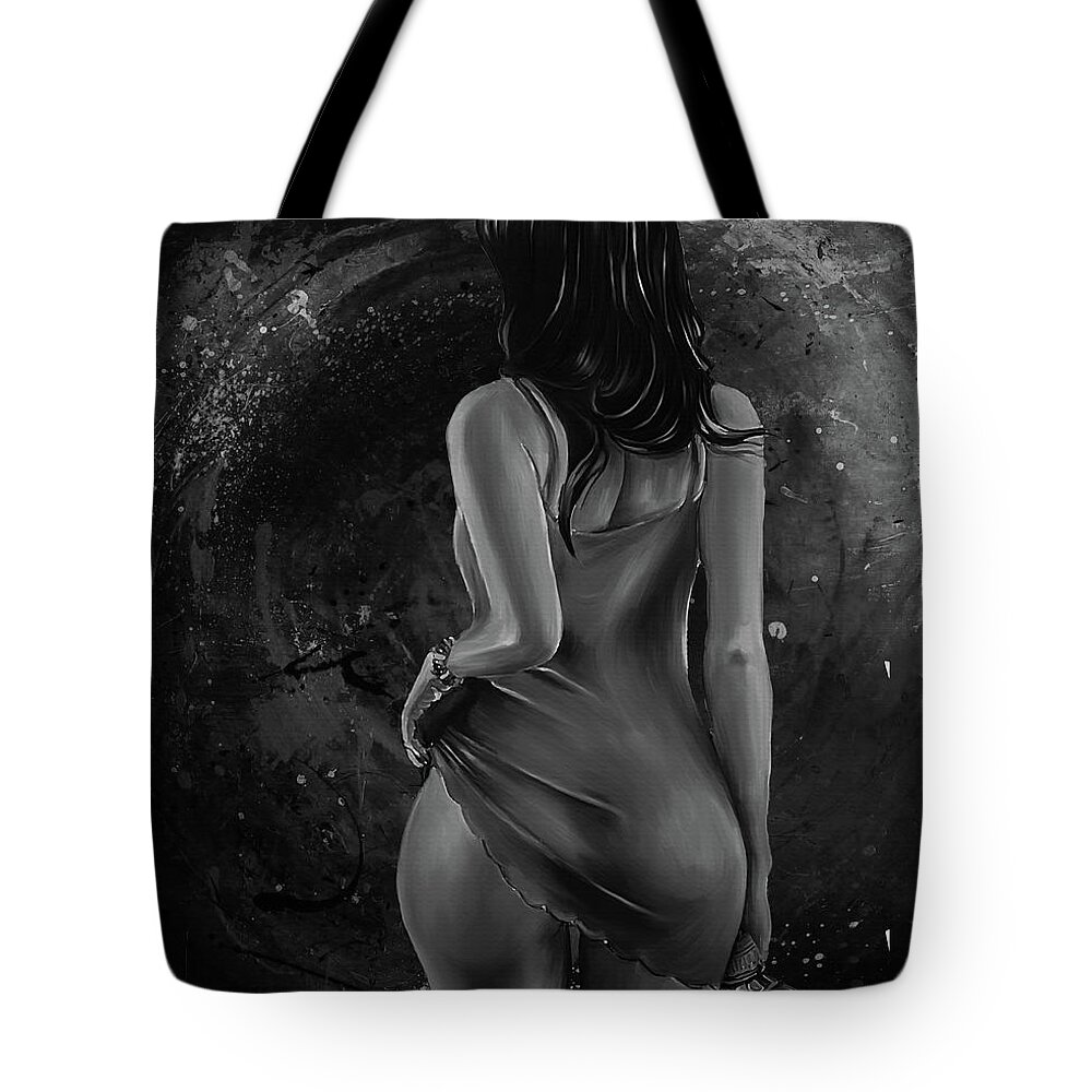 Nude Tote Bag featuring the painting Woman Holding whiskey blk by Gull G