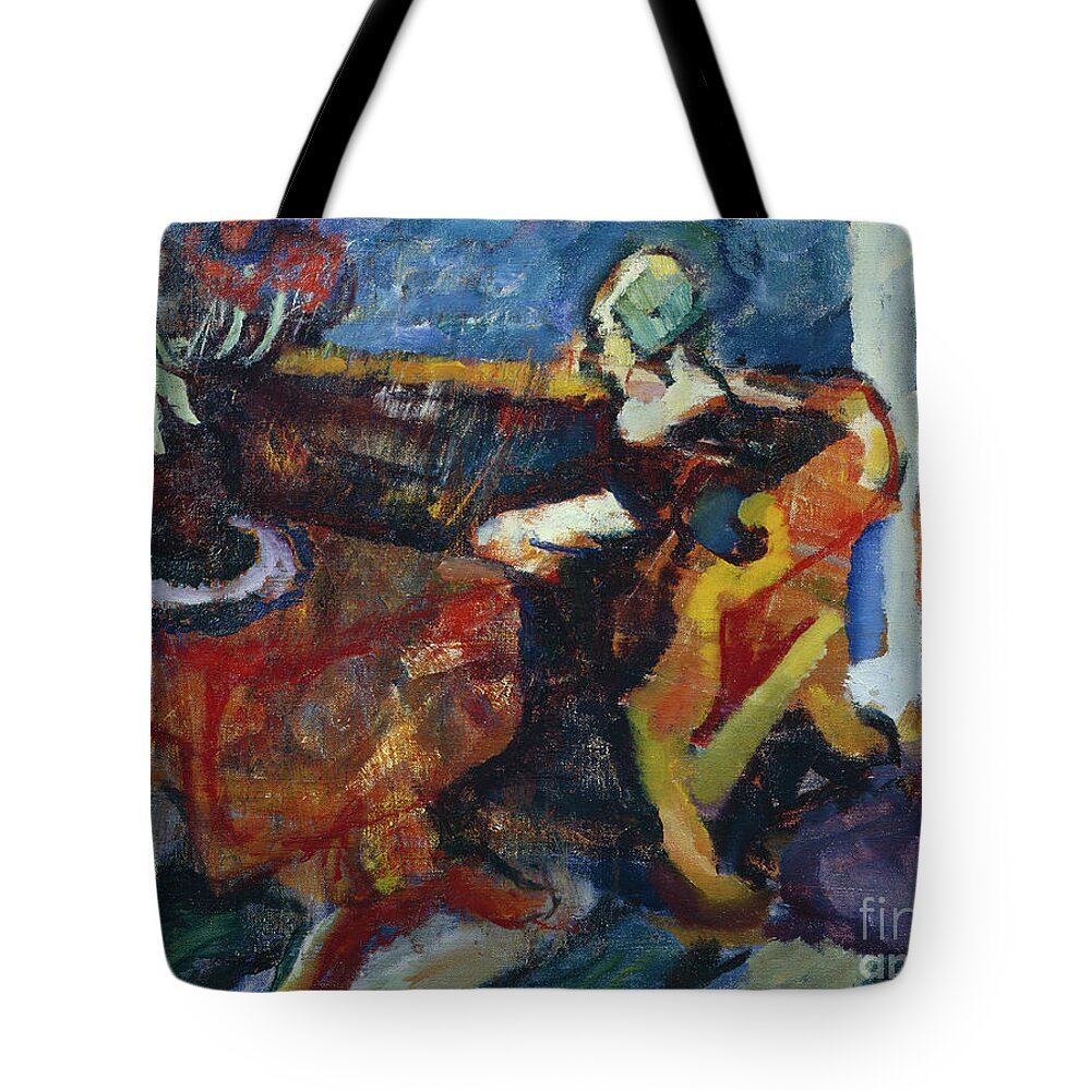 Ludvig Karsten Tote Bag featuring the painting Woman in interior, 1913 by O Vaering by Ludvig Karsten