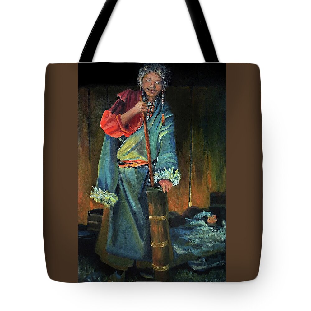 Woman Working Tote Bag featuring the painting Woman of Nepali Making Yak Butter Tea by Nancy Griswold