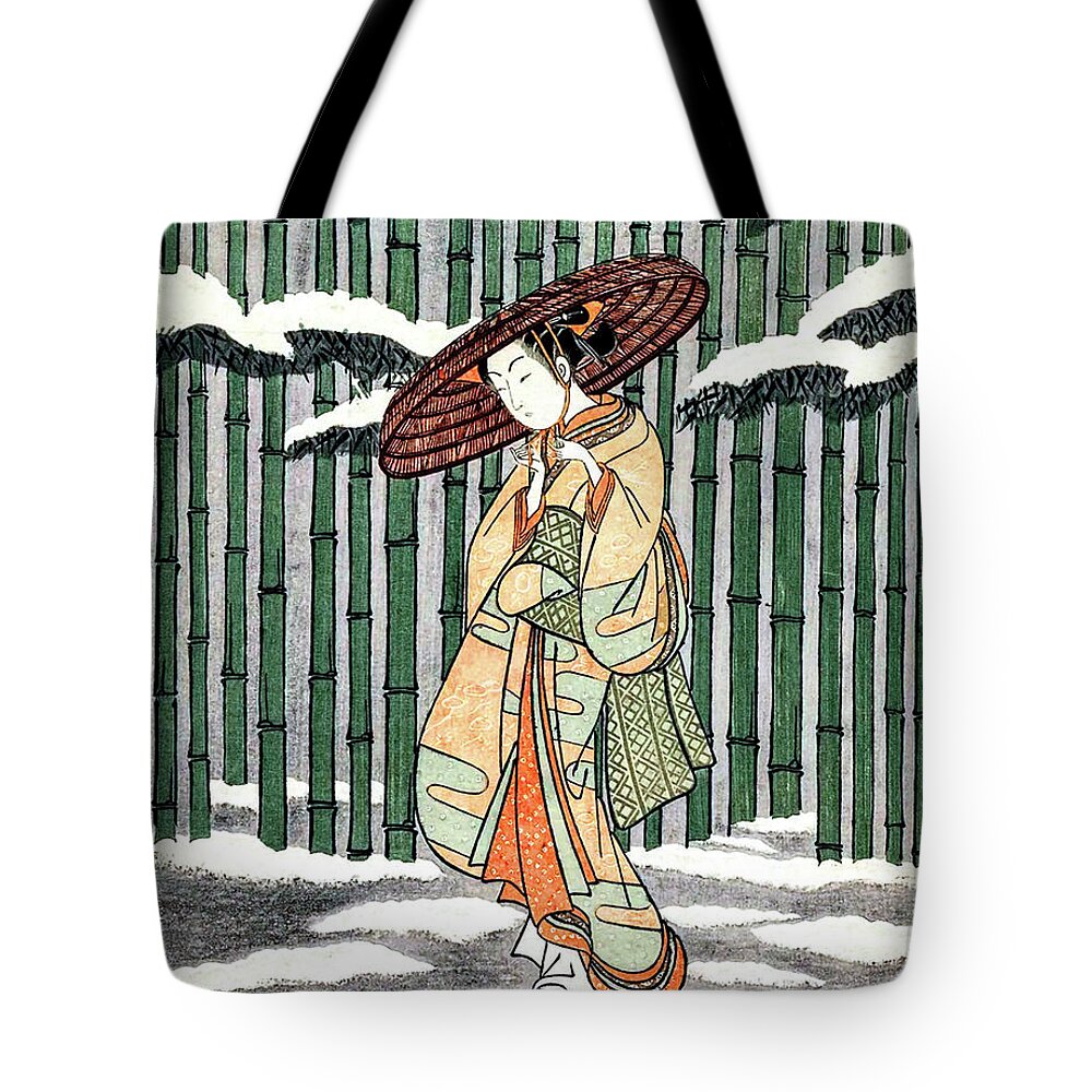 Japan Tote Bag featuring the digital art Woman Walk In Front of the Bamboo Fence by Long Shot