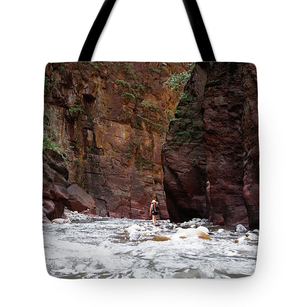 Alpes-maritimes Tote Bag featuring the photograph Woman walking in a canyon river between red cliffs in south of France. by Jean-Luc Farges