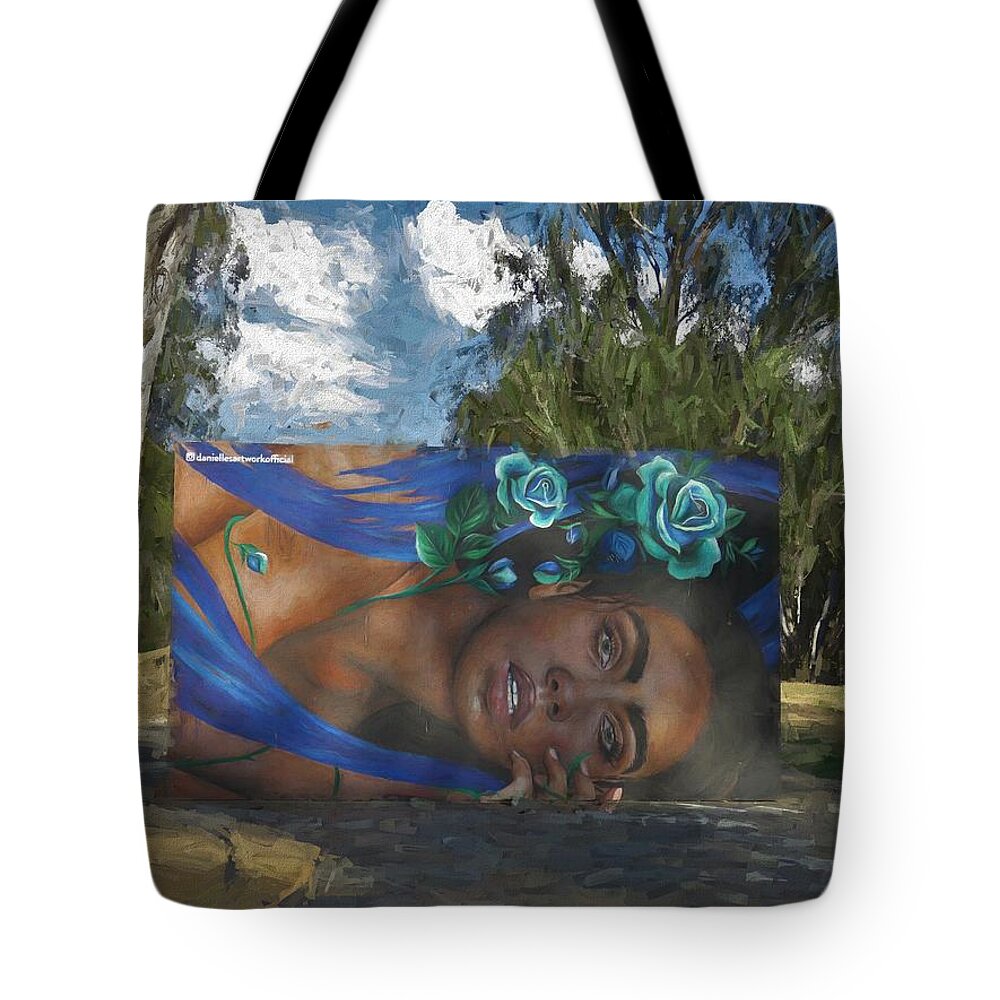 Portrait Tote Bag featuring the mixed media Woman With Blue Roses by Joan Stratton