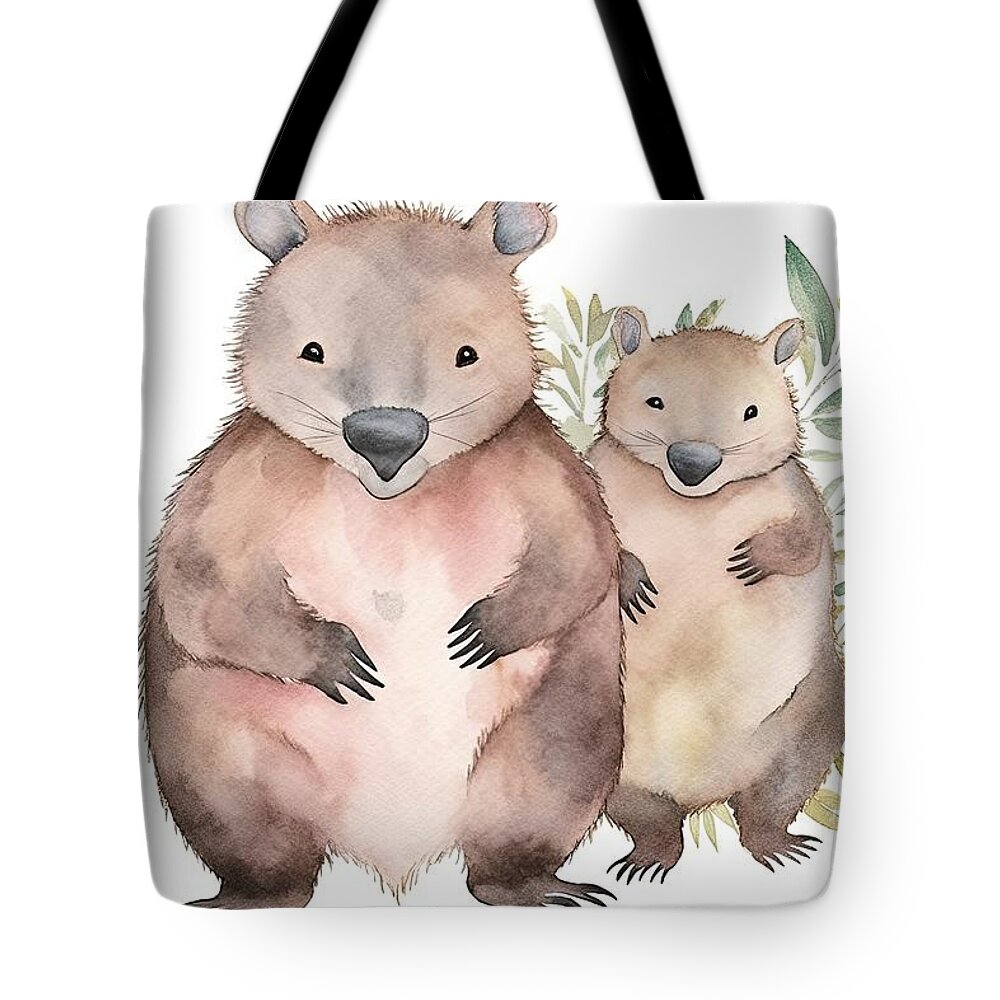 Animal Tote Bag featuring the painting wombat Australian animals watercolor Hand-painted illustration Isolated Australia Clipart by N Akkash