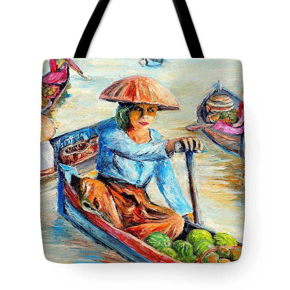 River Tote Bag featuring the painting Women on Jukung by Jason Sentuf