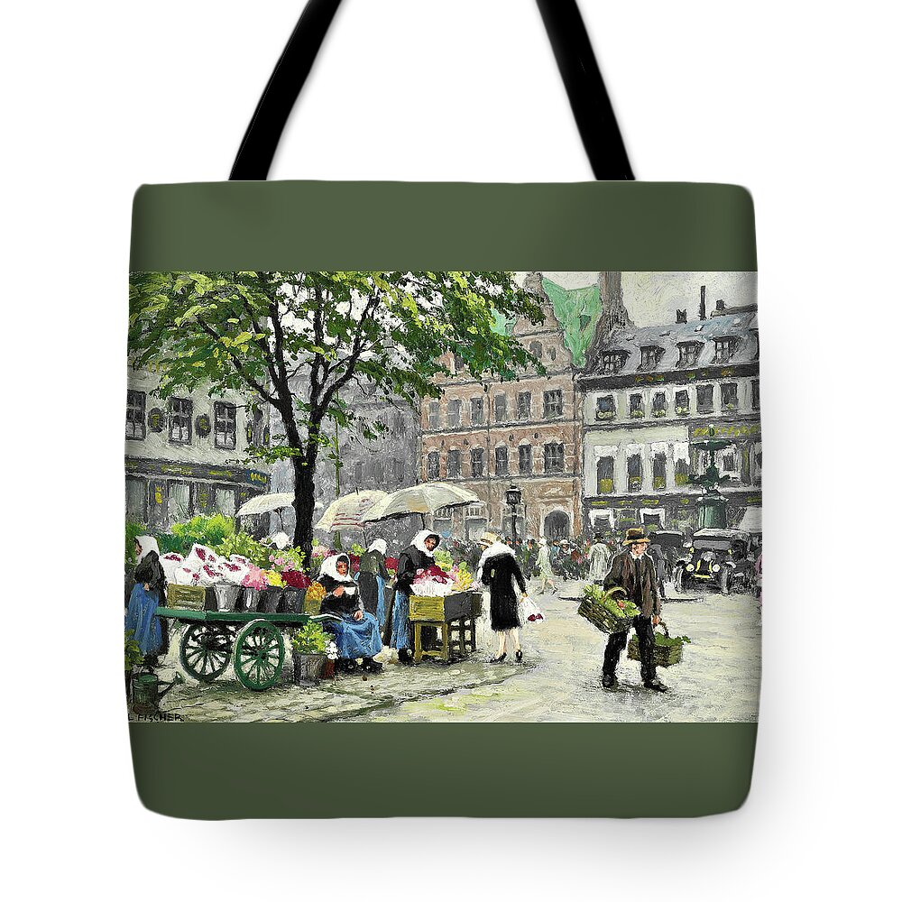 Women Selling Flowers At Hojbro Plads Tote Bag featuring the painting Women selling flowers at Hojbro Plads, in the background Storkespringvandet by Paul Gustav Fischer
