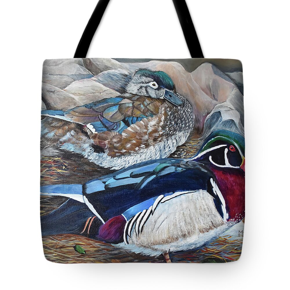 Wood Ducks Tote Bag featuring the painting Wood Ducks by Marilyn McNish