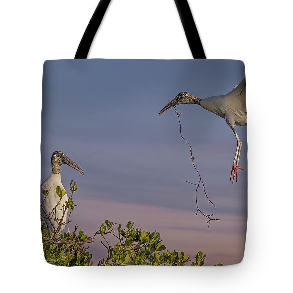 Wood Stork Tote Bag featuring the photograph Wood Stork Returns To Nest by Susan Candelario