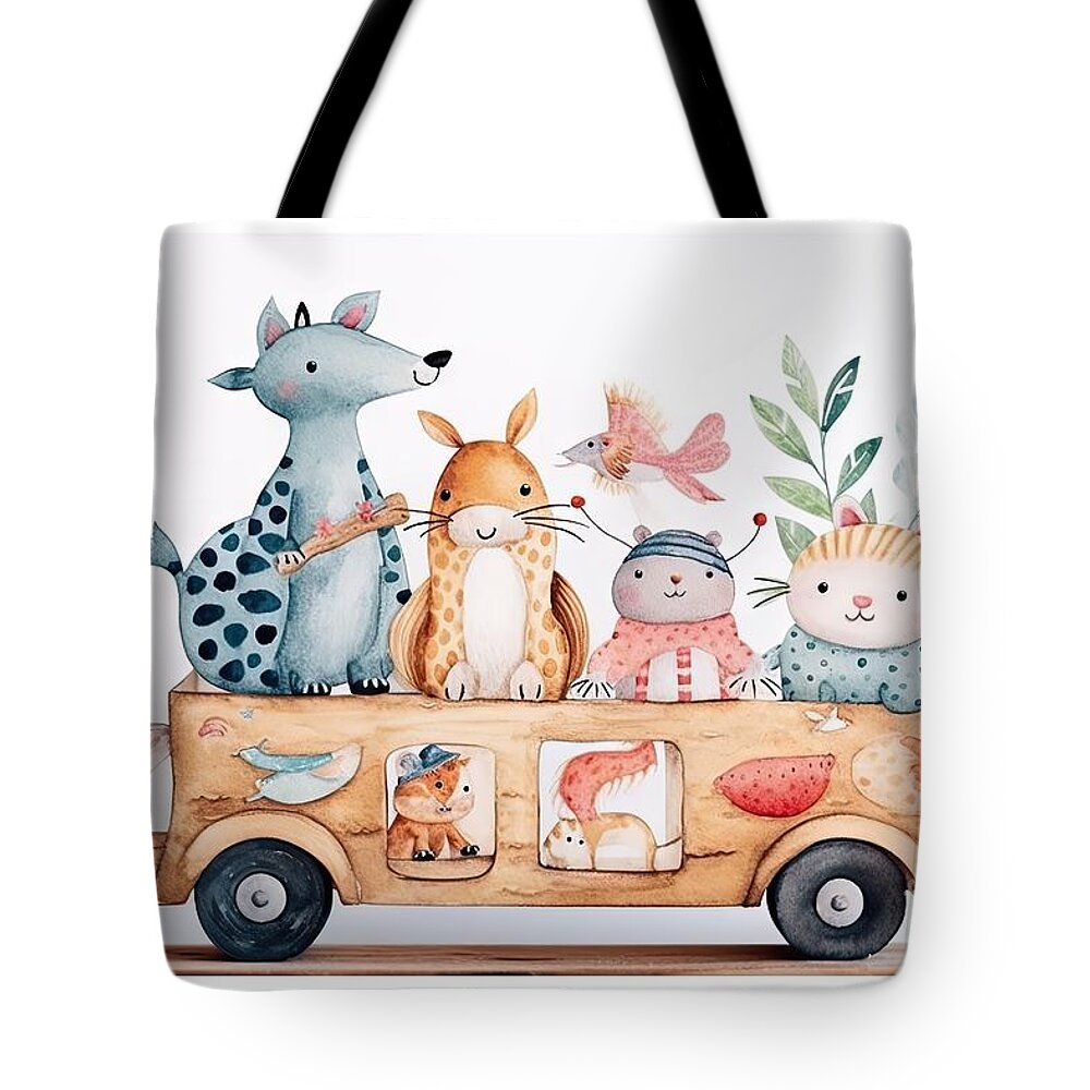 Animal Tote Bag featuring the painting Wooden car with cute animals. Watercolor illustration. Kids decor. by N Akkash