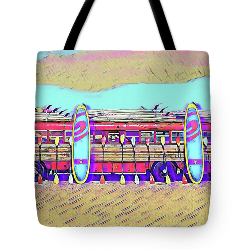 Wooden Tote Bag featuring the photograph Wooden Paddle Board Bus Watercolor by Bill Cannon