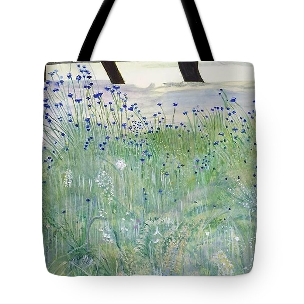 Outdoors Scenery Green Trees Grass Corn Flowers Woodford Park Woodley Painting Sky Blue Brown Country Summer Fine Art Flowers Landscapes Nature Bright Picture Blue White Tote Bag featuring the painting Woodford Park in Woodley by Joanne ONeill