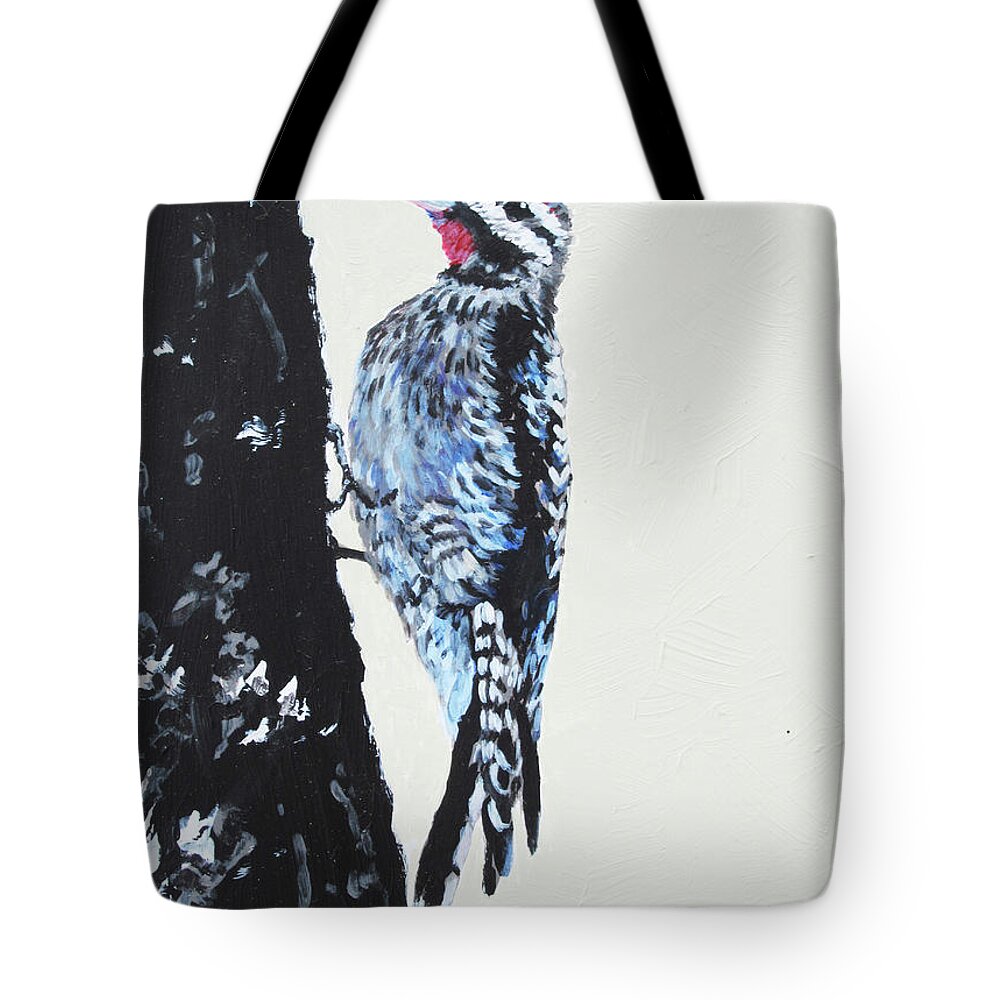 Woodpecker Tote Bag featuring the painting Woodpecker by Anne Marie Brown
