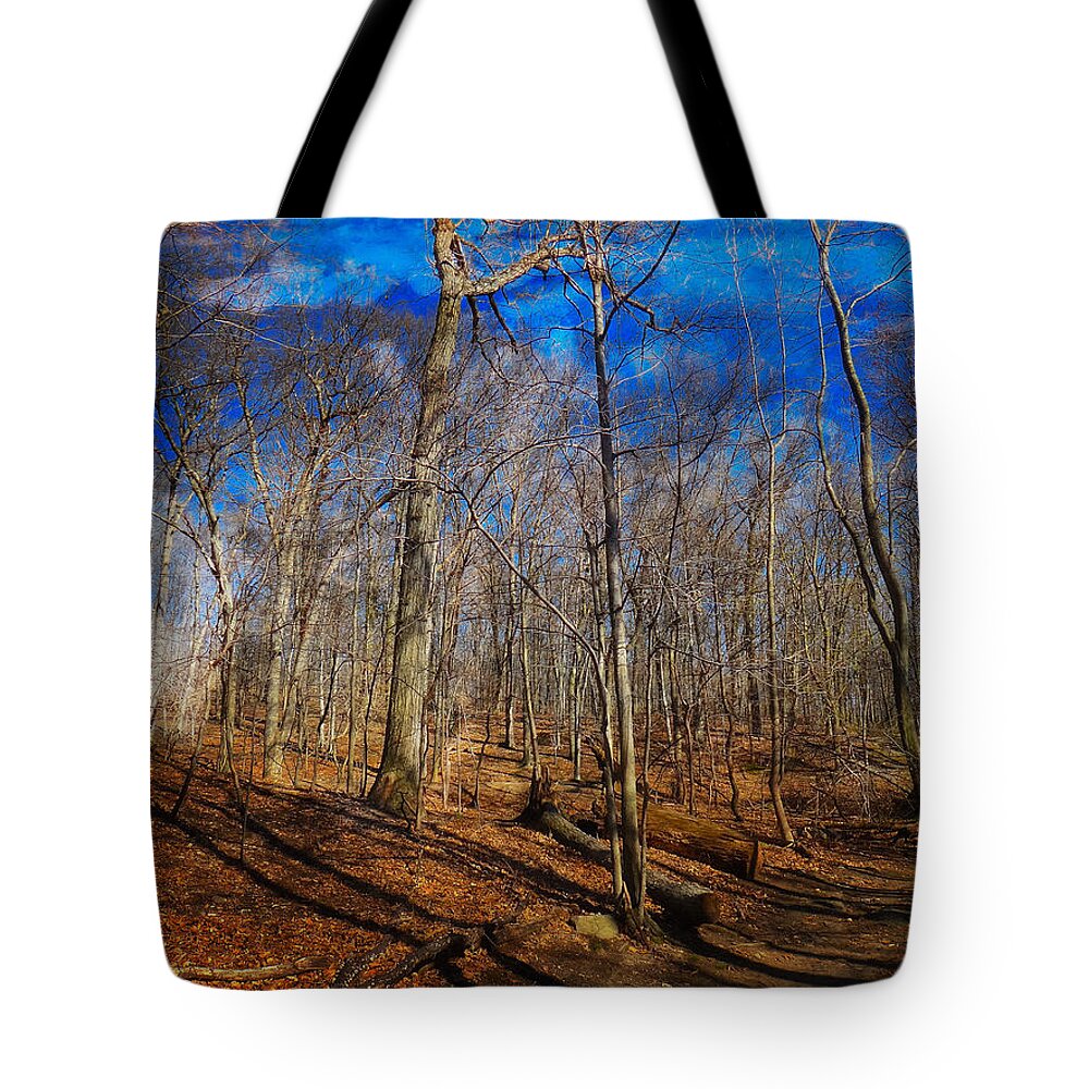 Woods Tote Bag featuring the digital art Woods with Deep Blue Sky by Russ Considine