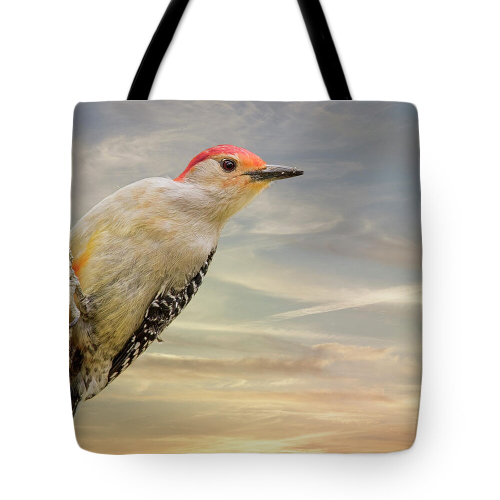 Red-bellied Woodpecker Tote Bag featuring the photograph Woody In The Sky by Bill and Linda Tiepelman