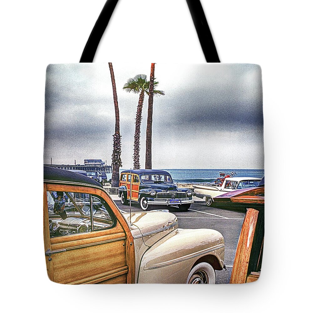 Pier Tote Bag featuring the photograph WOODIES AT THE PIER, Newport Beach, California by Don Schimmel