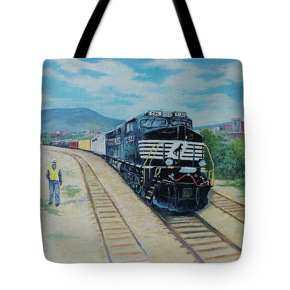Trains Tote Bag featuring the painting Working Heartily by ML McCormick
