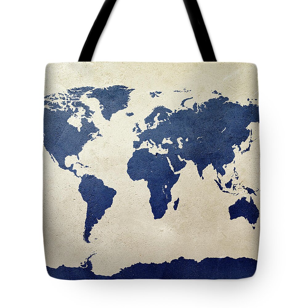 World Map Tote Bag featuring the digital art World Map Navy II by Michael Tompsett