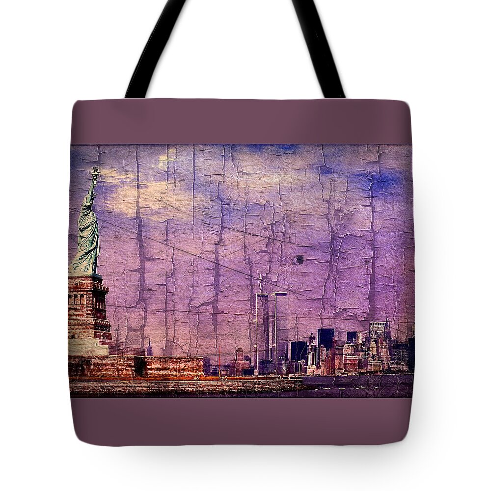 Wtc Tote Bag featuring the digital art World Trade Center Twin Towers and the Statue of Liberty by Russel Considine