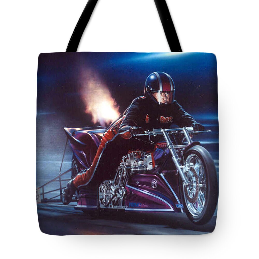 Drag Bike Elmer Trett Nhra Nitro Kenny Youngblood Tote Bag featuring the painting Worlds Fastest Drag Bike by Kenny Youngblood