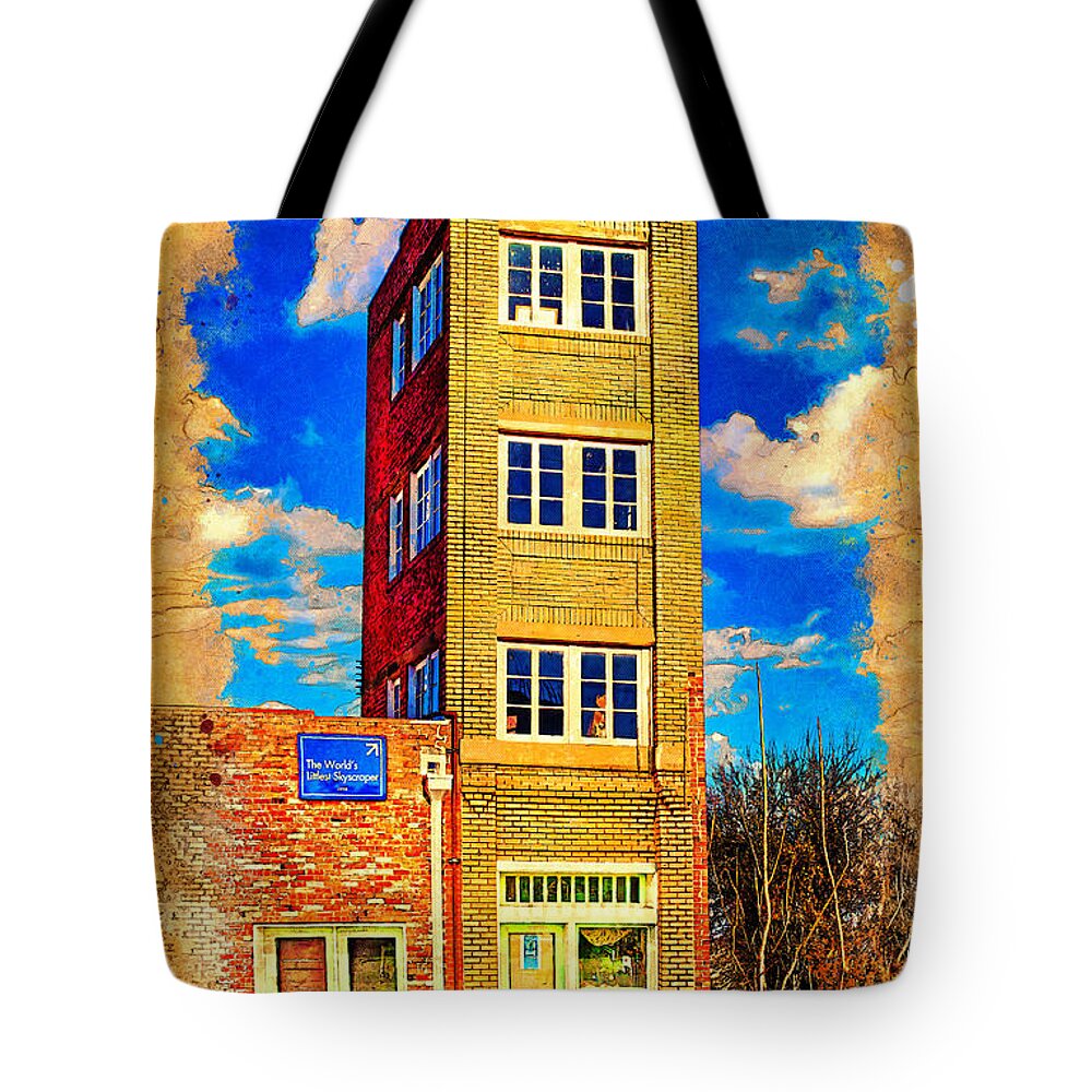 World's Littlest Skyscraper Tote Bag featuring the digital art World's littlest skyscraper, The Newby-McMahon Building, in Wichita Falls - digital painting by Nicko Prints