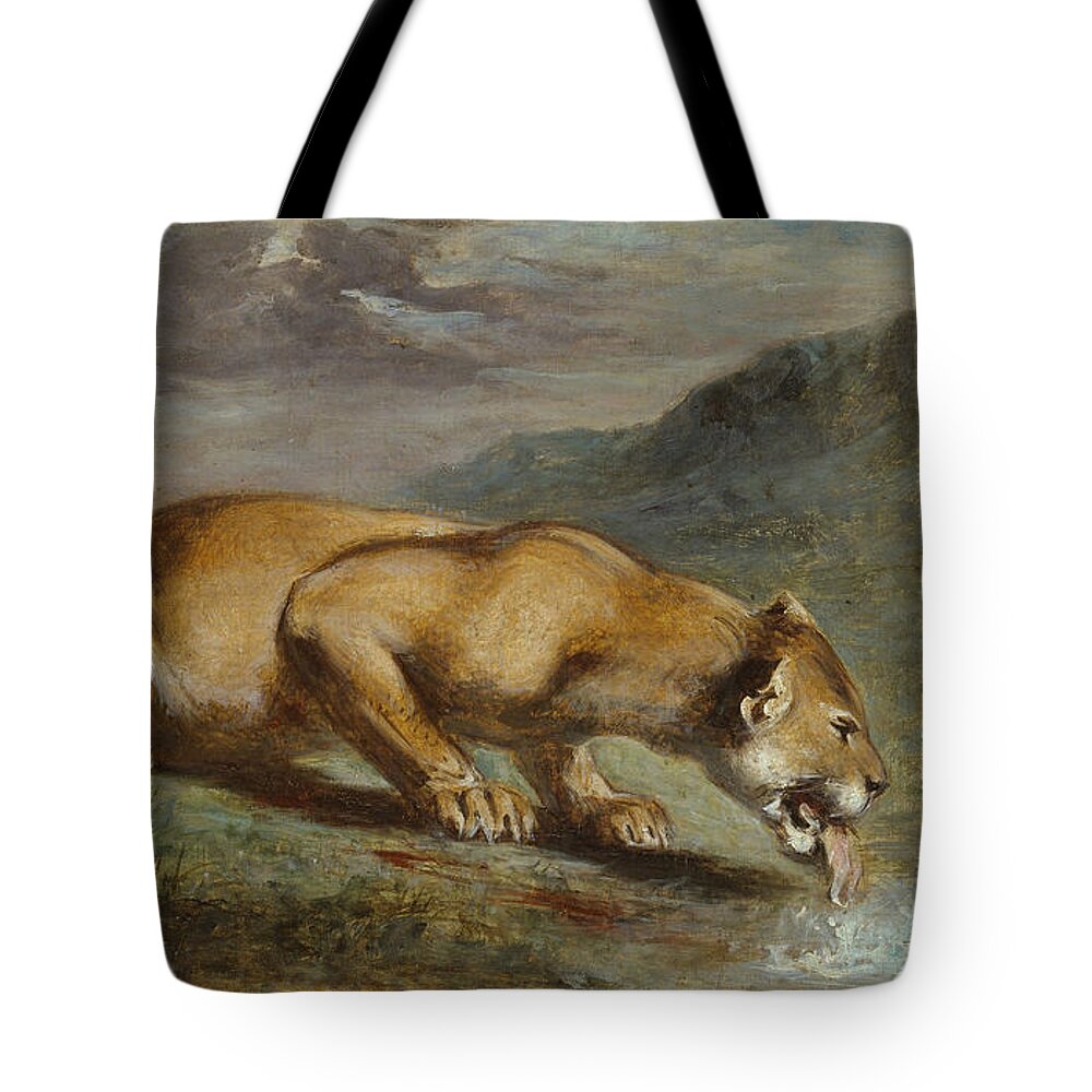 19th Century Art Tote Bag featuring the painting Wounded Lioness by Pierre Andrieu