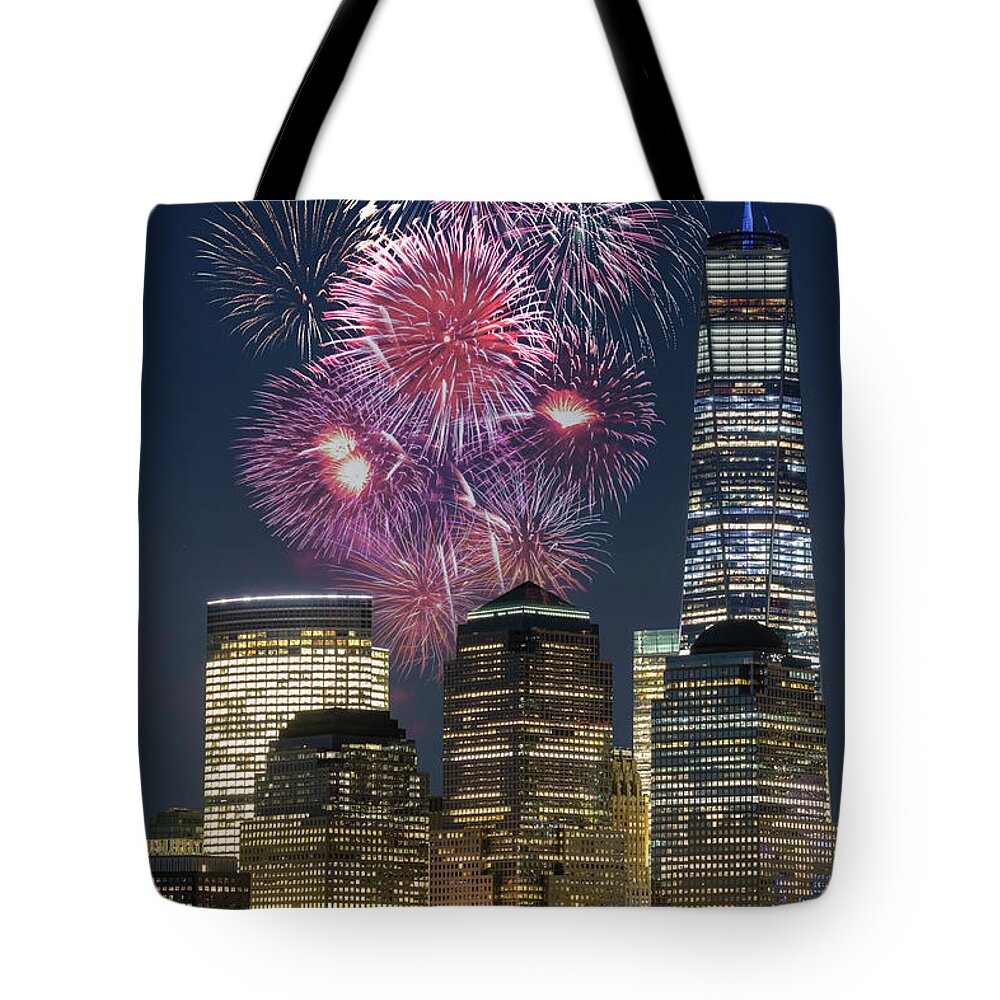Fireworks Tote Bag featuring the photograph WTC NYC Fireworks by Susan Candelario