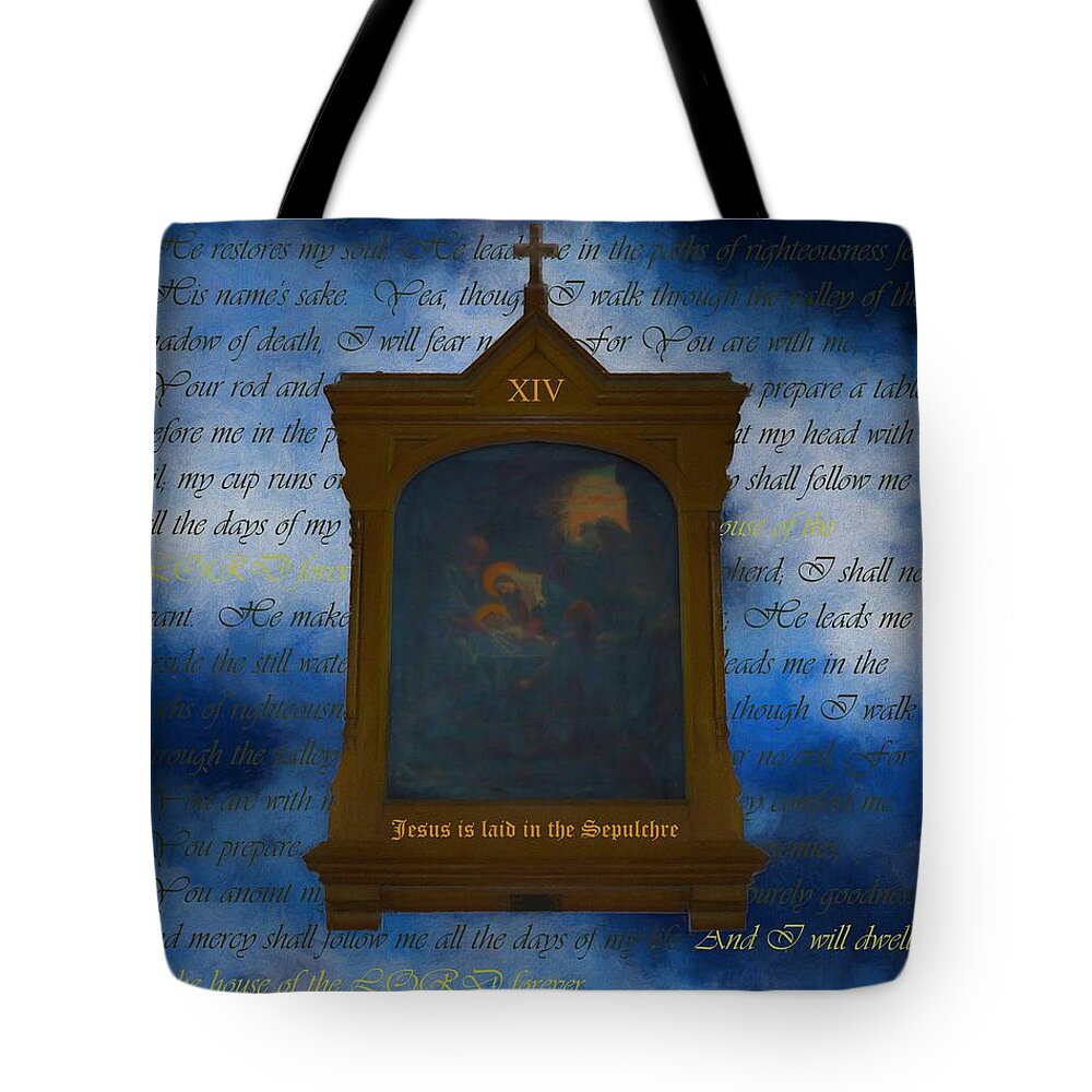Easter Tote Bag featuring the digital art XIV Jesus Is Laid In The Sepulchre by Joan Stratton