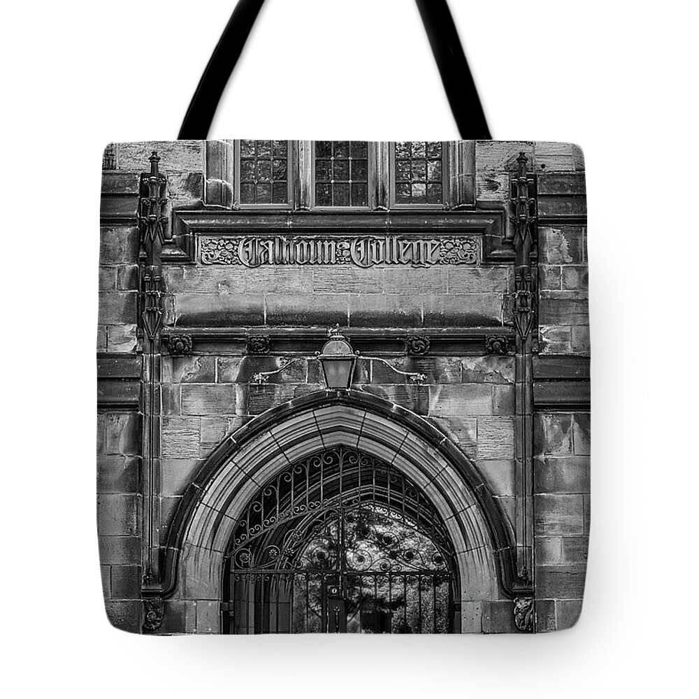 Yale University Tote Bag featuring the photograph Yale Calhoun College BW by Susan Candelario