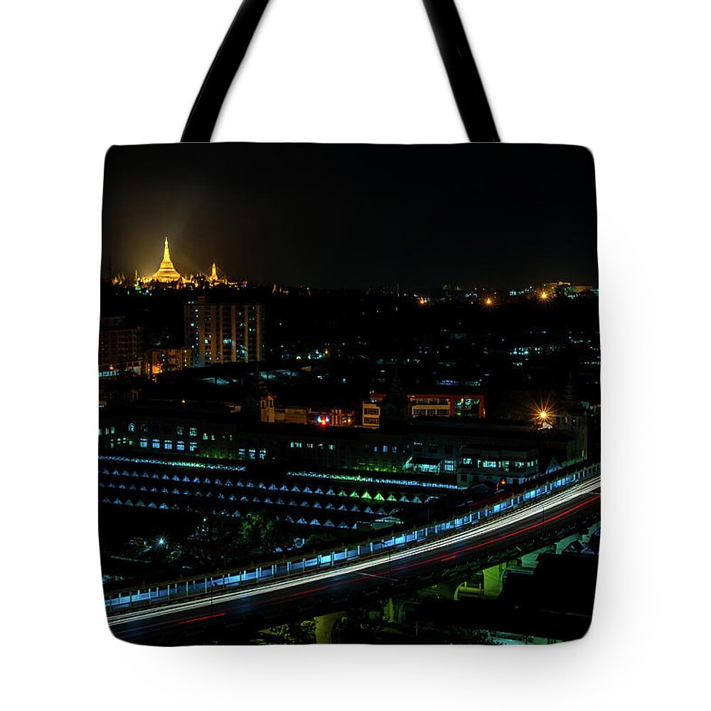 Shwedagon Tote Bag featuring the photograph Yangon Cityscape at Night by Arj Munoz