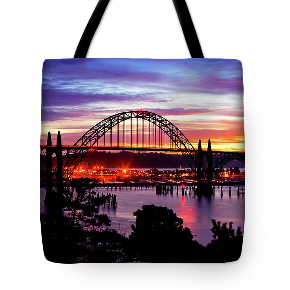 Oregon Tote Bag featuring the photograph Yaquina Bay Bridge Sunrise by Darren White