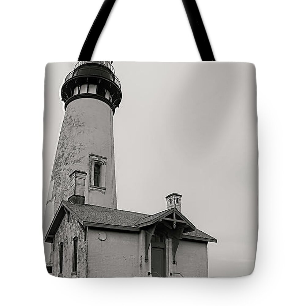 Yaquina Head Tote Bag featuring the photograph Yaquina Head Lighthouse in BW by Cathy Anderson