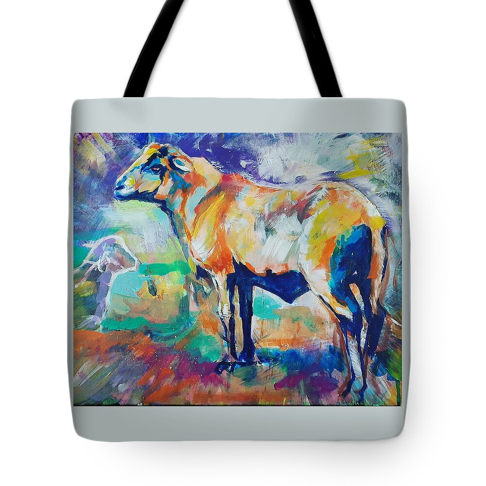 Sheep Tote Bag featuring the painting Yarn the Sheep by Kaytee Esser