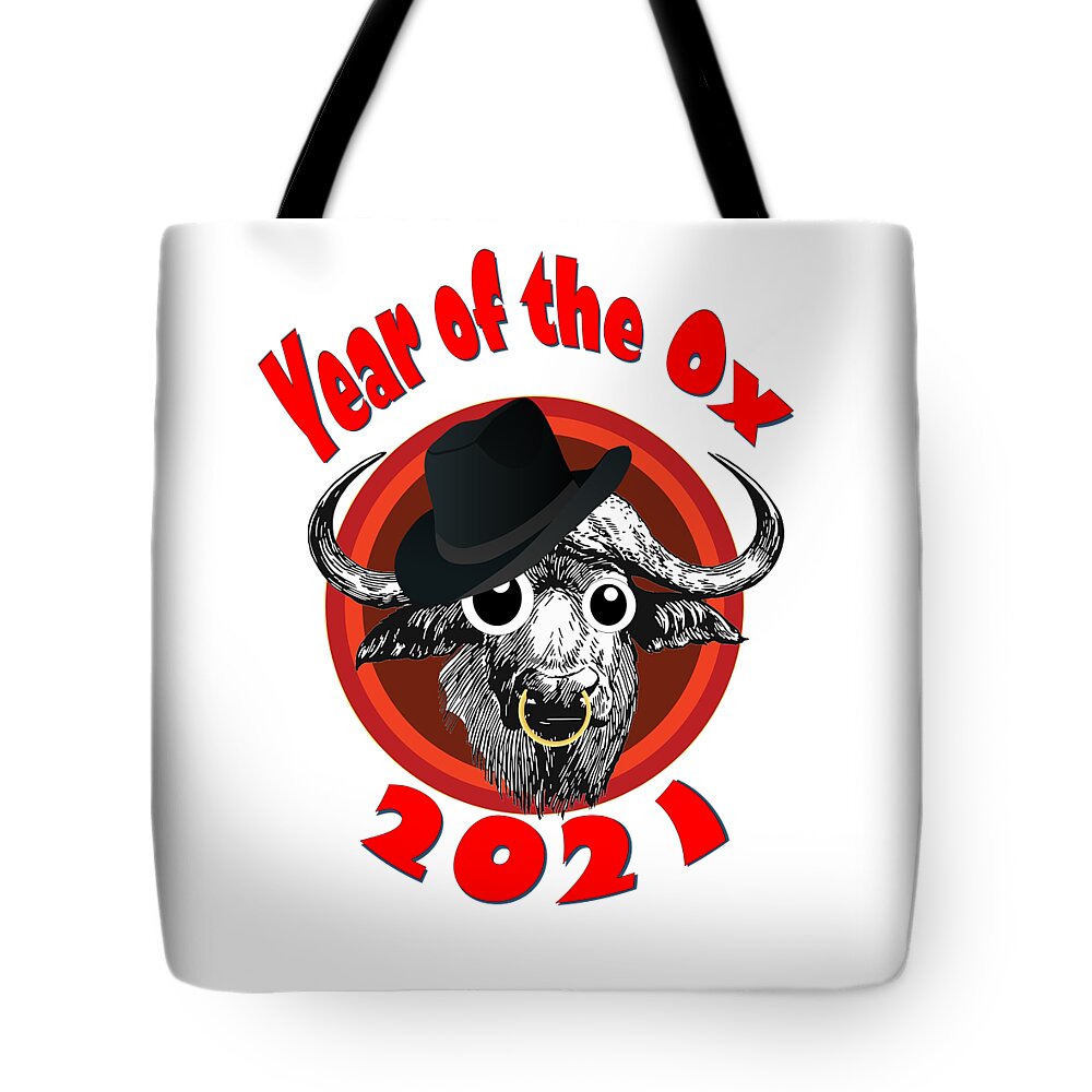 Ox Tote Bag featuring the digital art Year of the Ox 2 with Googly Eyes, Hat, Nose Ring, Transparent Background by Ali Baucom